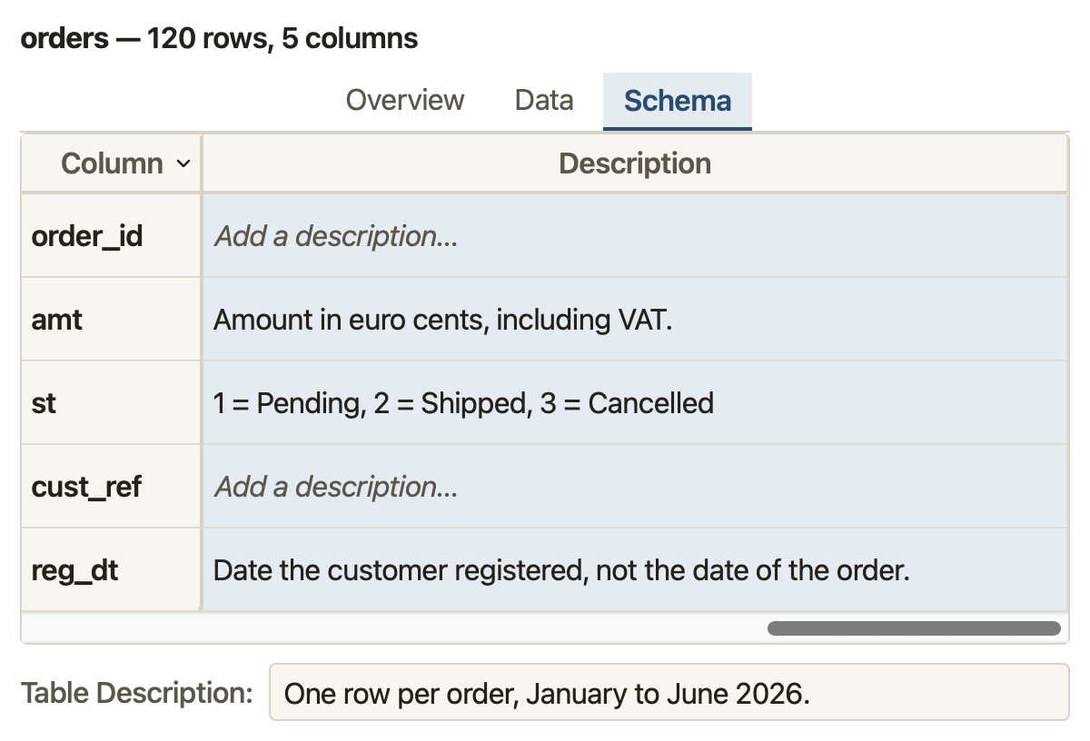 The Schema tab of a table called orders, scrolled so that the Column list sits beside the Description column. amt reads “Amount in euro cents, including VAT.”, st reads “1 = Pending, 2 = Shipped, 3 = Cancelled” and reg_dt reads “Date the customer registered, not the date of the order.”; order_id and cust_ref show “Add a description…”. The Table Description field at the bottom reads “One row per order, January to June 2026.”